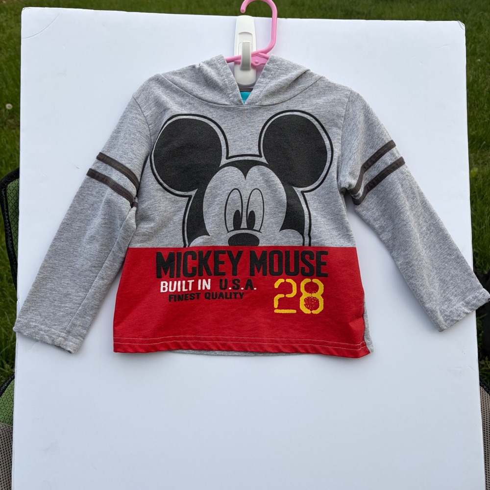 Disney Mickey Mouse Boys Grey Red Colorblock Graphic‎ Hoodie Sweatshirt Size 3